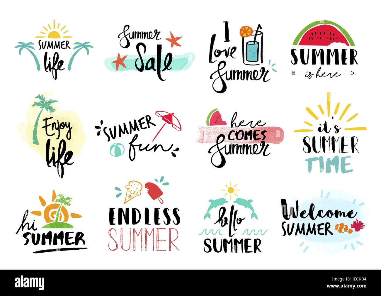 Sommer Angebot gesetzt, kalligraphische Text Design Collection mit handgezeichneten Dekoration. Enthält Aquarell Illustration, Verkaufsschild, Strand und Reisen Etiketten Stock Vektor