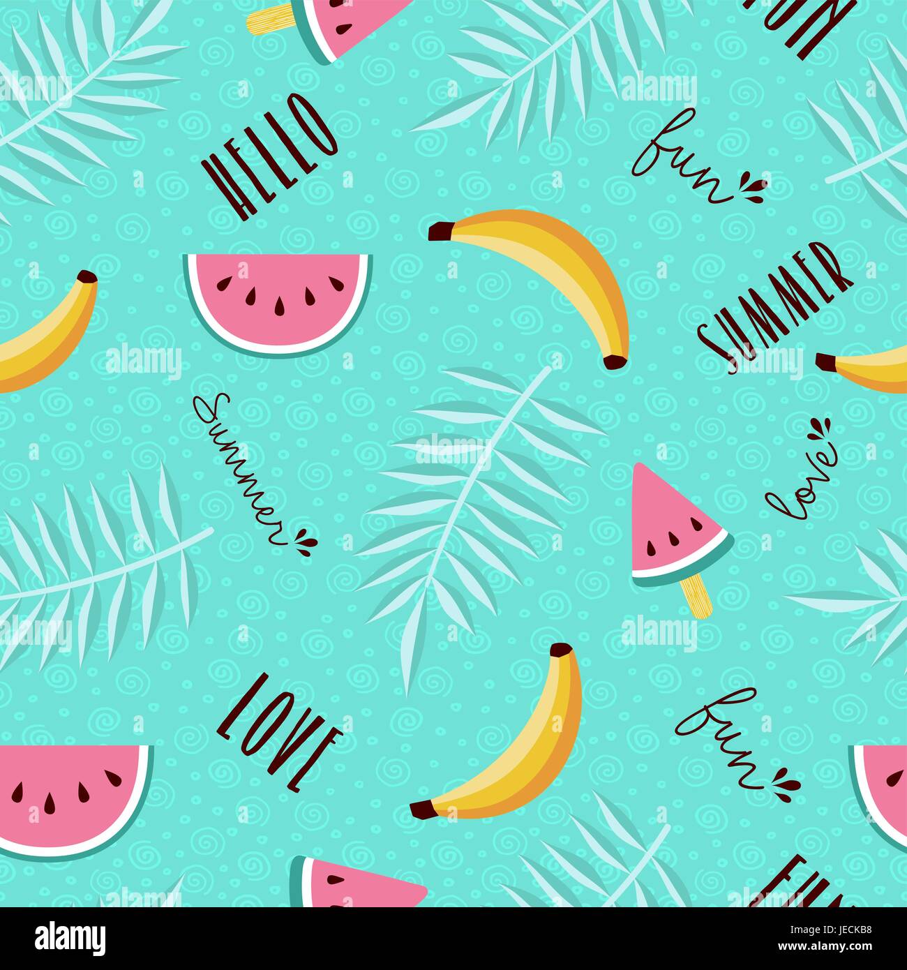 Glückliche Sommer tropischen Musterdesign design mit Wassermelone, Banane, Palm Leaf und Kalligraphie Zitate. EPS10 Vektor. Stock Vektor