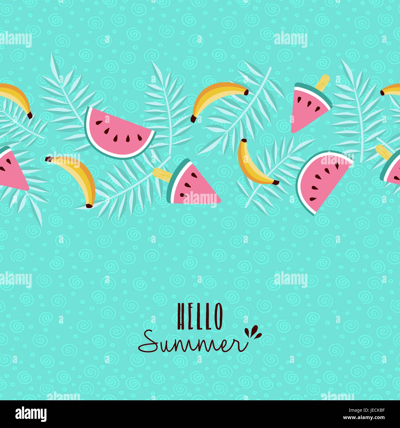 Glückliche Sommer Grußkarte gestalten mit tropischen nahtlose Muster und Typografie Zitat. Enthält Banane, Wassermelone, Palm Leaf. EPS10 Vektor. Stock Vektor