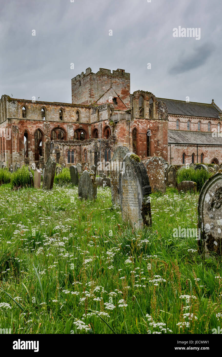 Kirche-Hof (Friedhof)-Grabsteine und Ruinen von Lanercost Priory, North Brampton, Cumbria, England, Vereinigtes Königreich Stockfoto