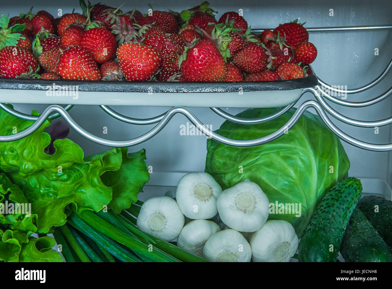 Tablett mit Erdbeeren, Salat, Frühlingszwiebeln, Knoblauch, Kohl und Gurken in Kühlschrank Regalen. Unscharfen Hintergrund. Stockfoto