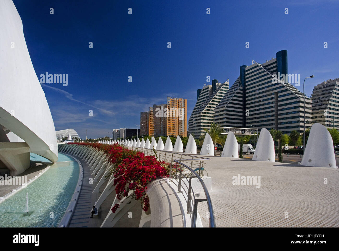 Spanien, Valencia, Ciudad de las Artes Y las Ciencias, Kulturpark, Thema Park, Museum, Gebäude, Strukturen, Bau, Architektur, Kunst, Wasser Becken, Ort von Interesse, Reiseziel, Tourismus, Stockfoto