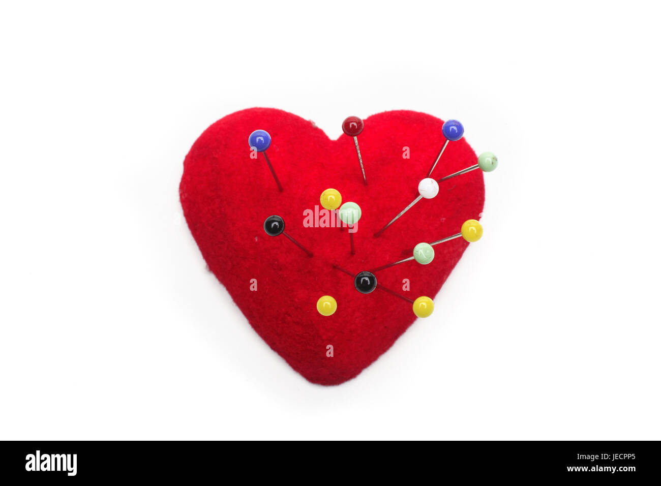 Nadelkissen, Herzform, rot, Stifte, Stockfoto