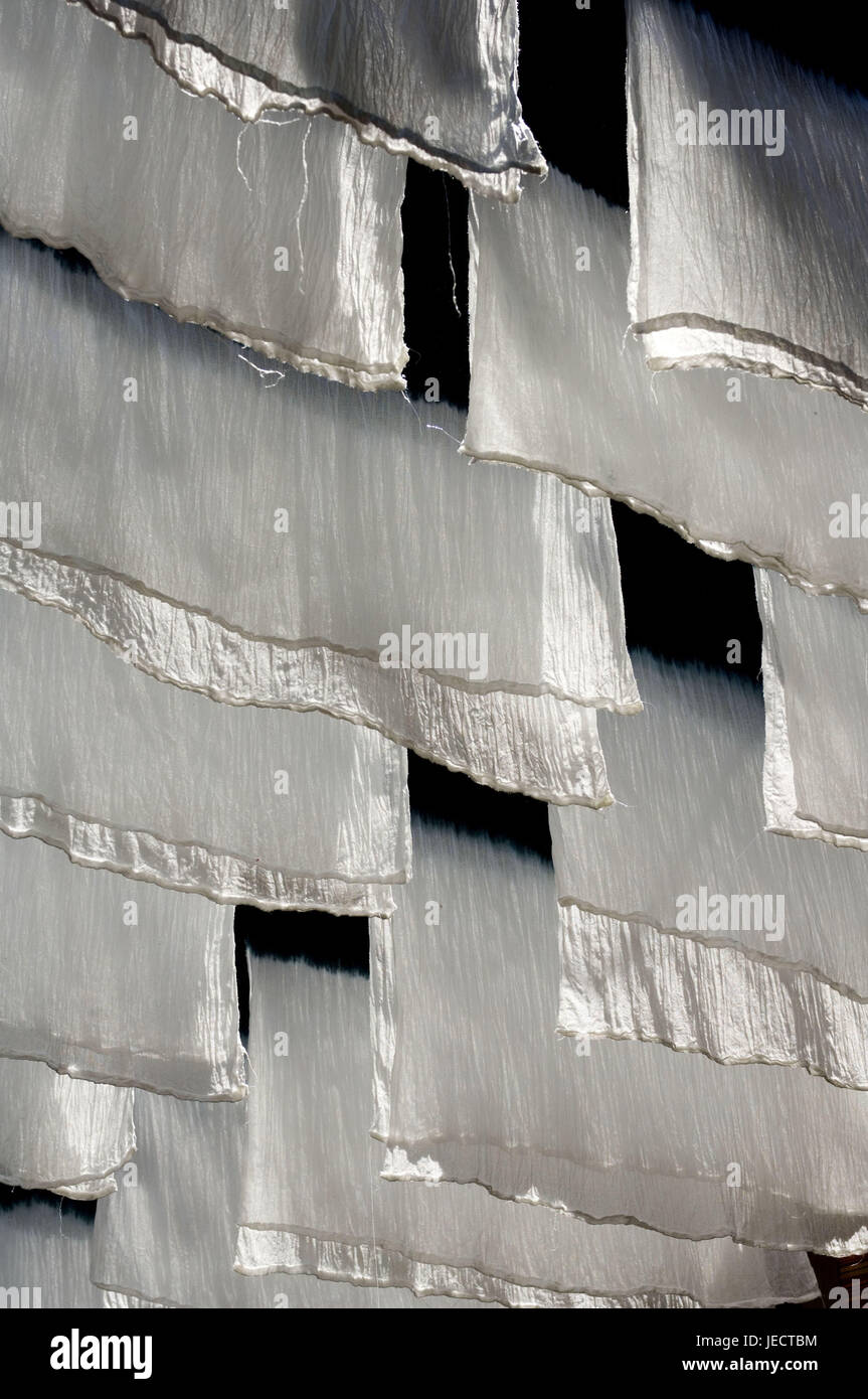 Marokko, Marrakesch, Farbstoff des vierten, Tücher, weiß, hängen, Detail, Afrika, Nordafrika, Stadt, Bahn, Markt, Souk, Wirtschaft, Färberin Handel, Handarbeit, Tradition, trocken, außerhalb, ungefärbt, Stockfoto