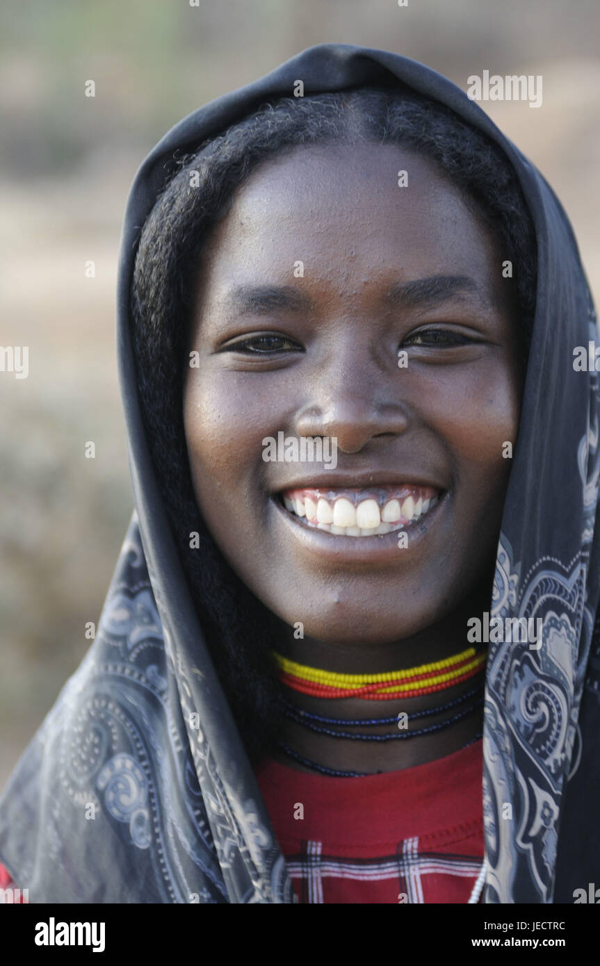 Mädchen, Muslimin, Lächeln, Porträt, Yabello, Südäthiopien, Stockfoto