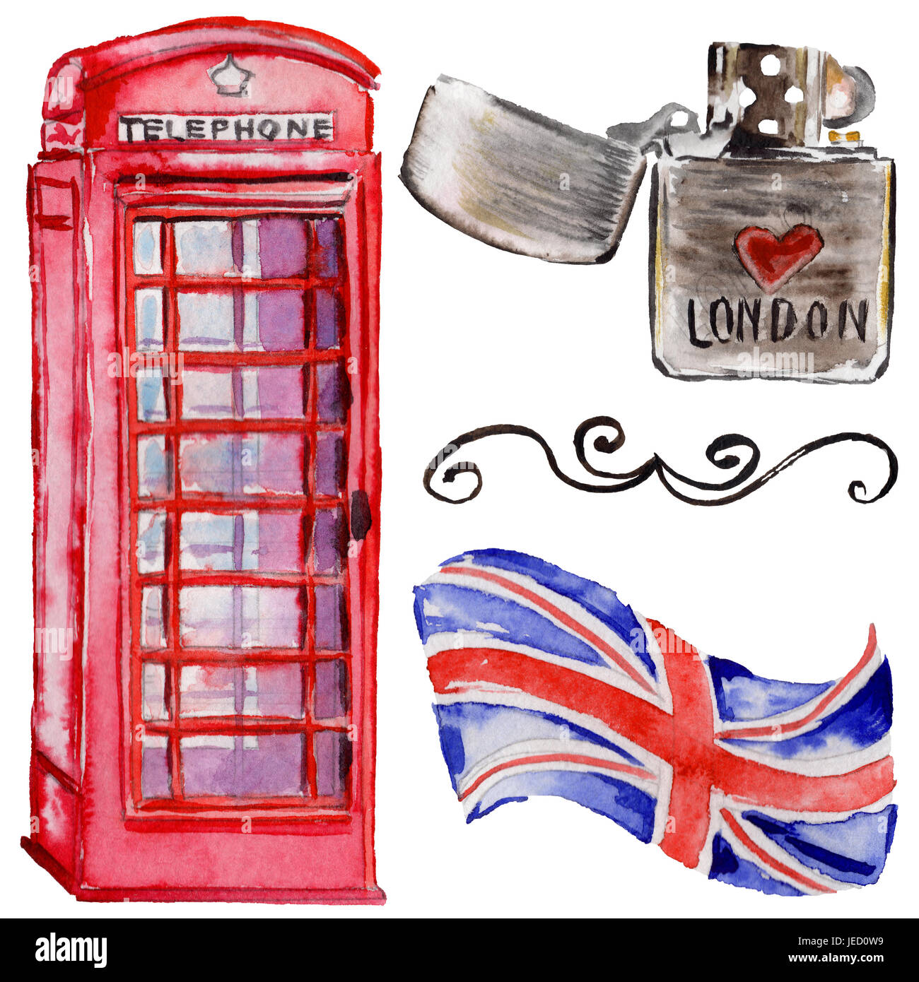 Aquarell London Abbildung. Great Britain hand gezeichnete Symbole. Britische Telefon. Stockfoto
