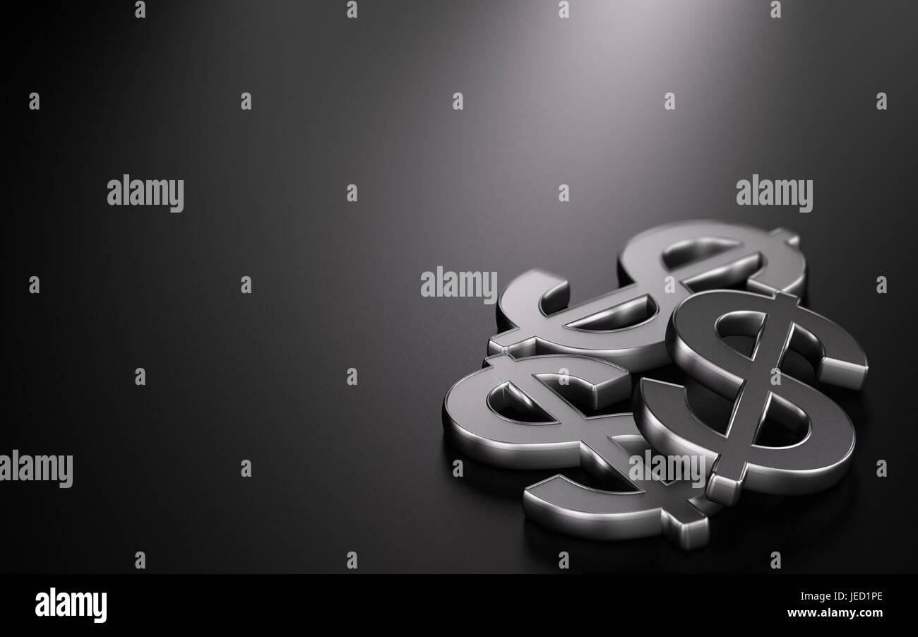 3D-Darstellung von drei Dollar Symbole auf schwarzem Hintergrund, Finanzen Design Stockfoto