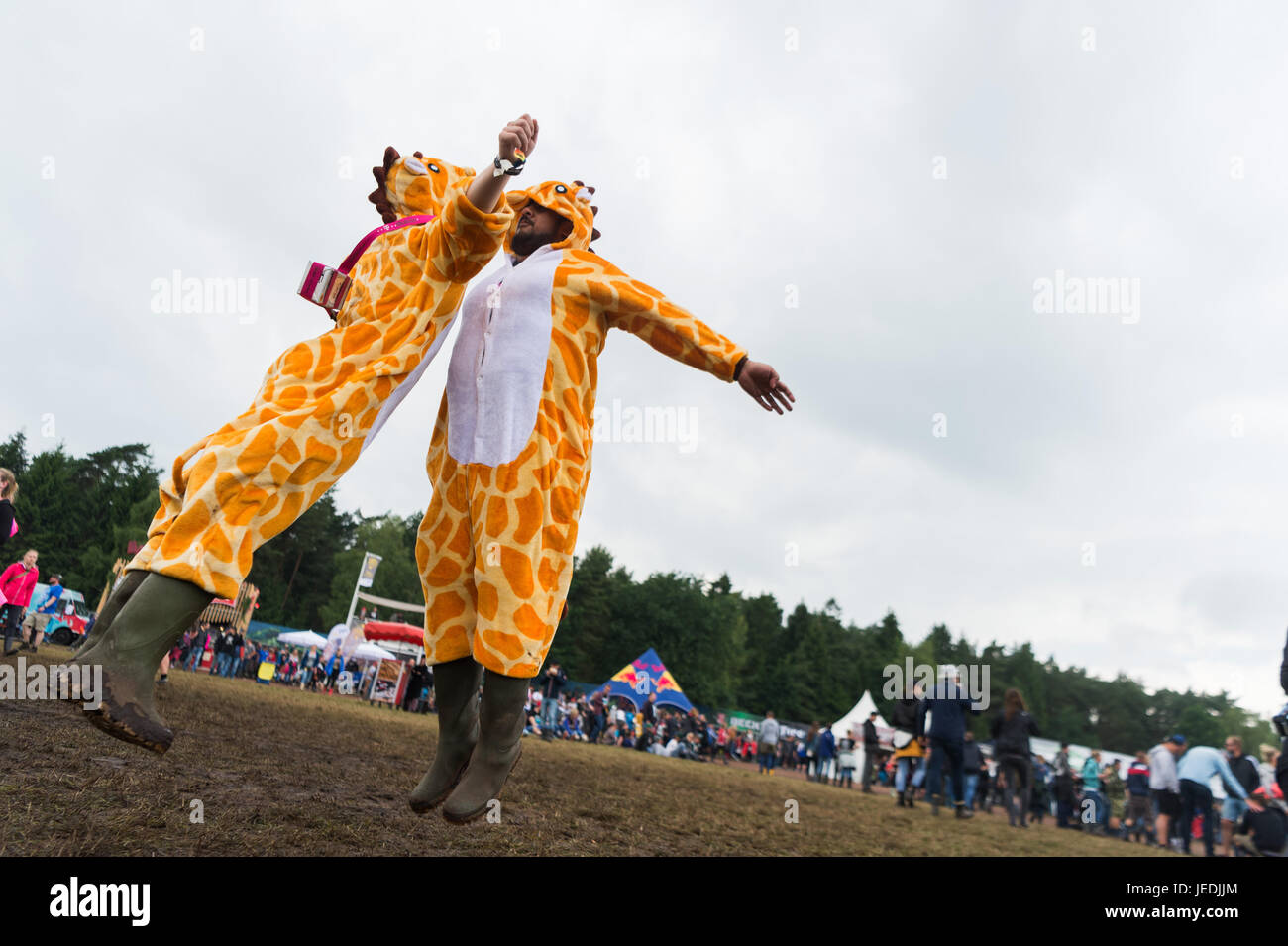Zwei Männer in Kostümen der Giraffe stoßen gegeneinander, während des zweiten Tages des Hurricane Festival in Scheeßel, Deutschland, 23. Juni 2017. Die 21. Ausgabe des Festivals findet zwischen 23 und 25 Juni statt. Foto: Sebastian Gollnow/dpa Stockfoto