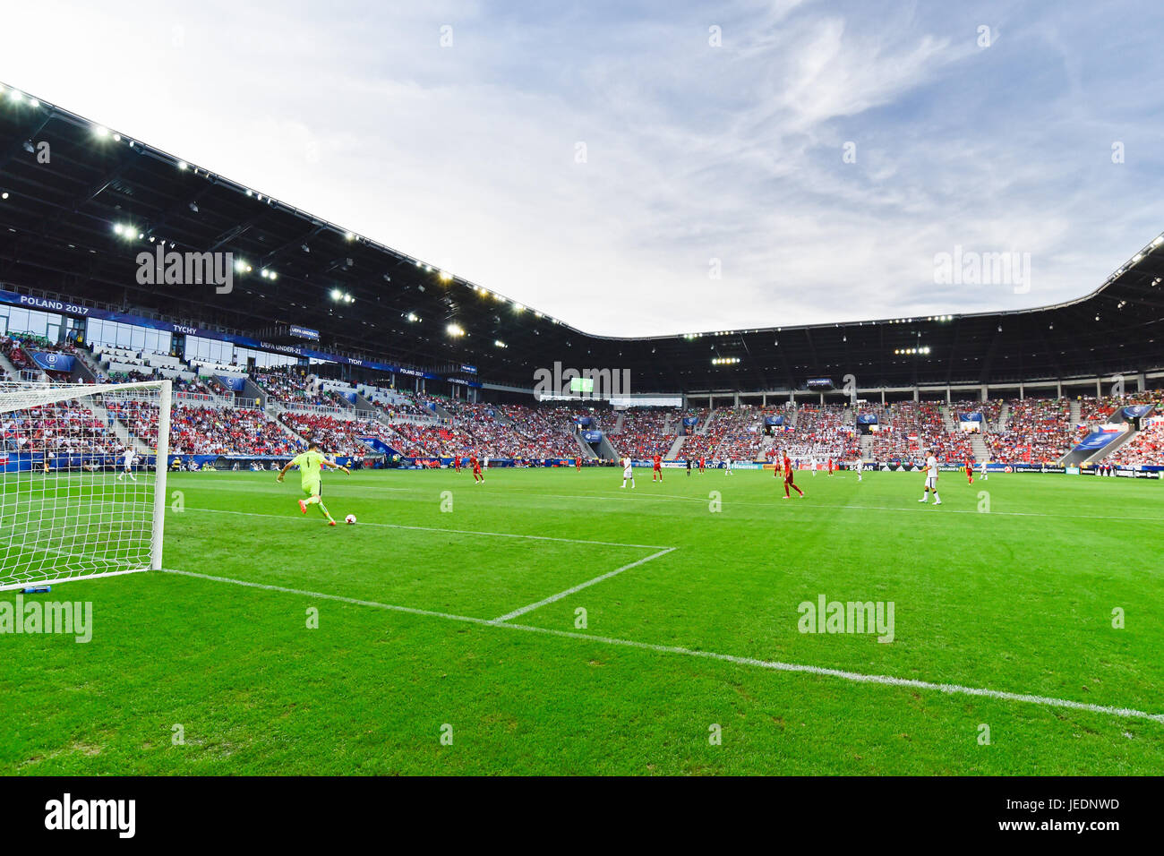 TYCHY, Polen - 21. Juni 2017: UEFA-U21-Europameisterschaft match Gruppe C zwischen Tschechien - Italien 3:1. Luftbild des Stadions. Stockfoto