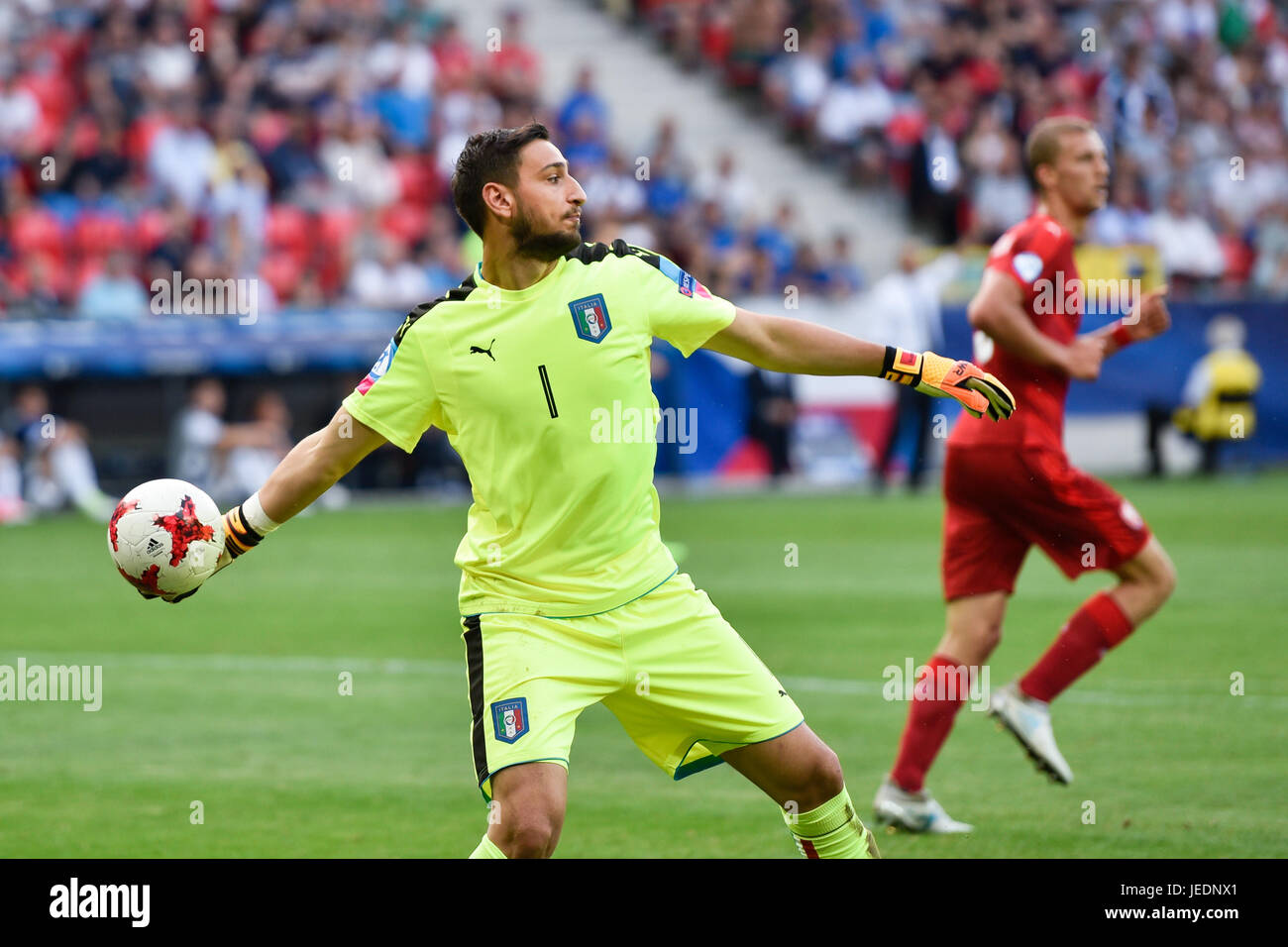 TYCHY, Polen - 21. Juni 2017: UEFA-U21-Europameisterschaft match Gruppe C zwischen Tschechien - Italien 3:1. In Aktion Gianluigi Donnarumma g Stockfoto