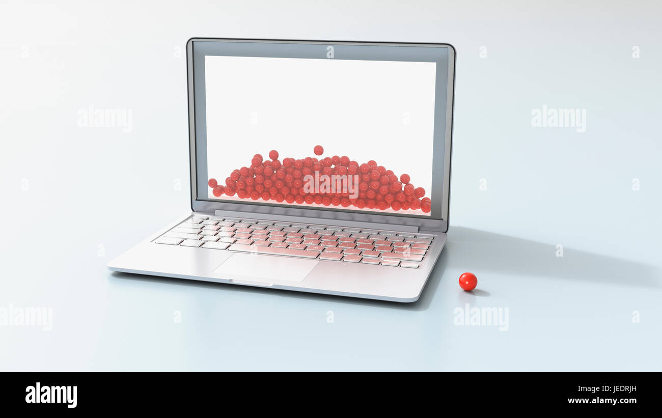 Laptop und rote Kugeln, 3D Rendering Stockfoto