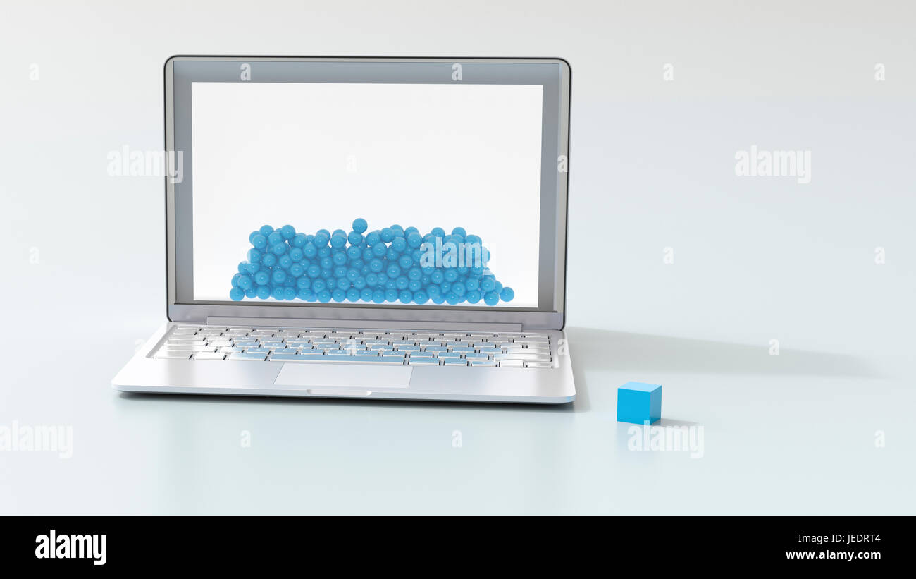 Laptop, blauen Kugeln und einen Würfel, 3D Rendering Stockfoto
