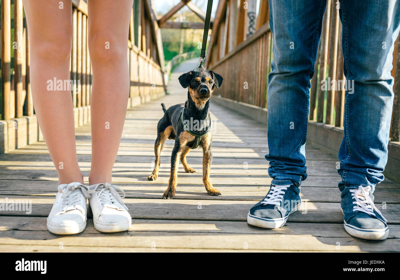 Hund zwischen die Beine eines Paares auf einer Brücke Stockfoto