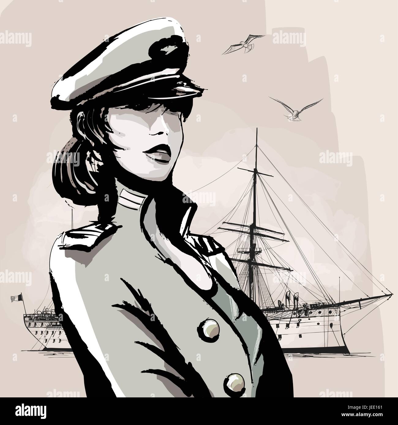 Hübsche Frau im marine Offizier Uniform - Vektor-illustration Stock Vektor