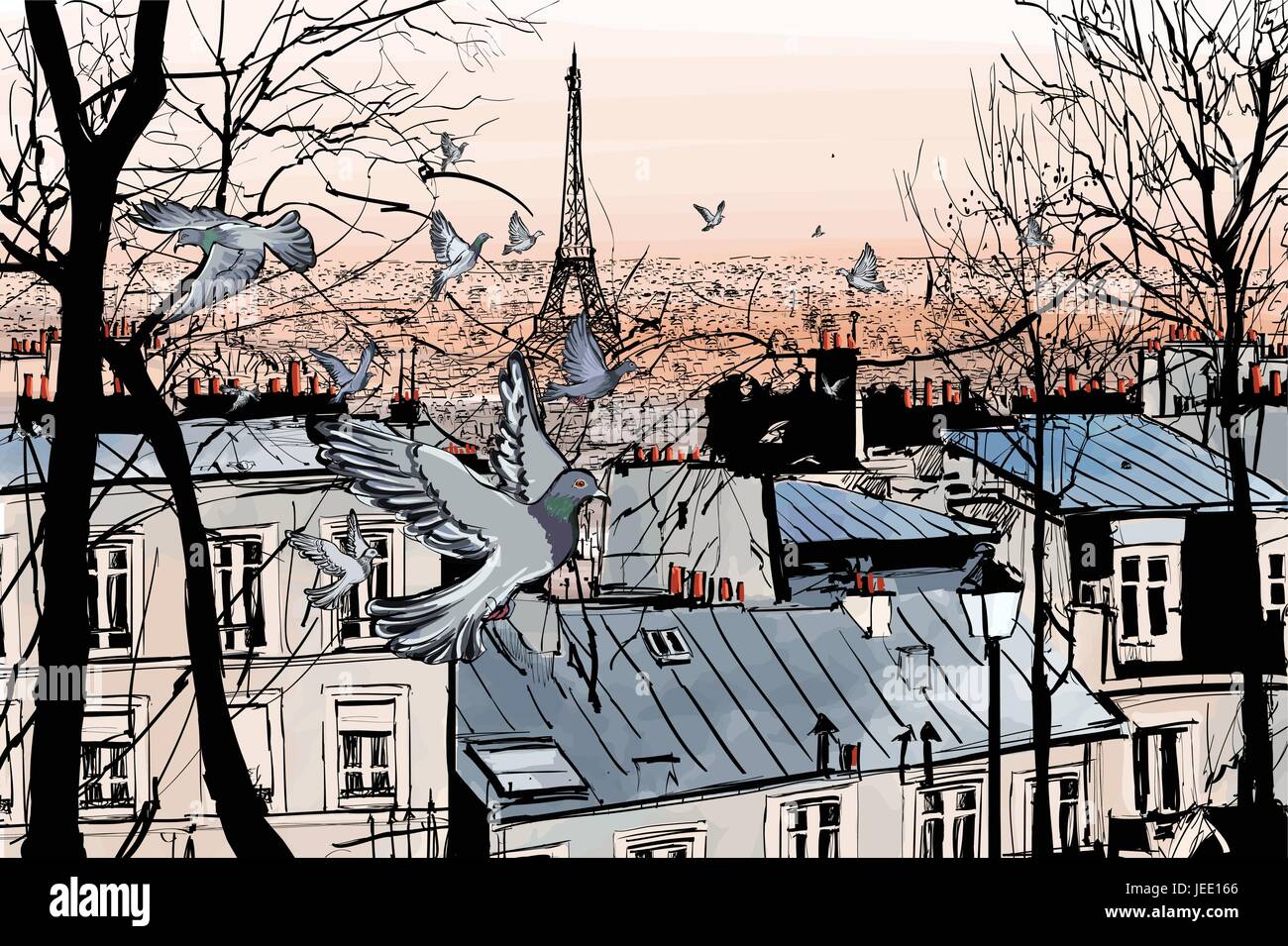 Montmartre in Paris mit Eiffelturm - Vektor-illustration Stock Vektor