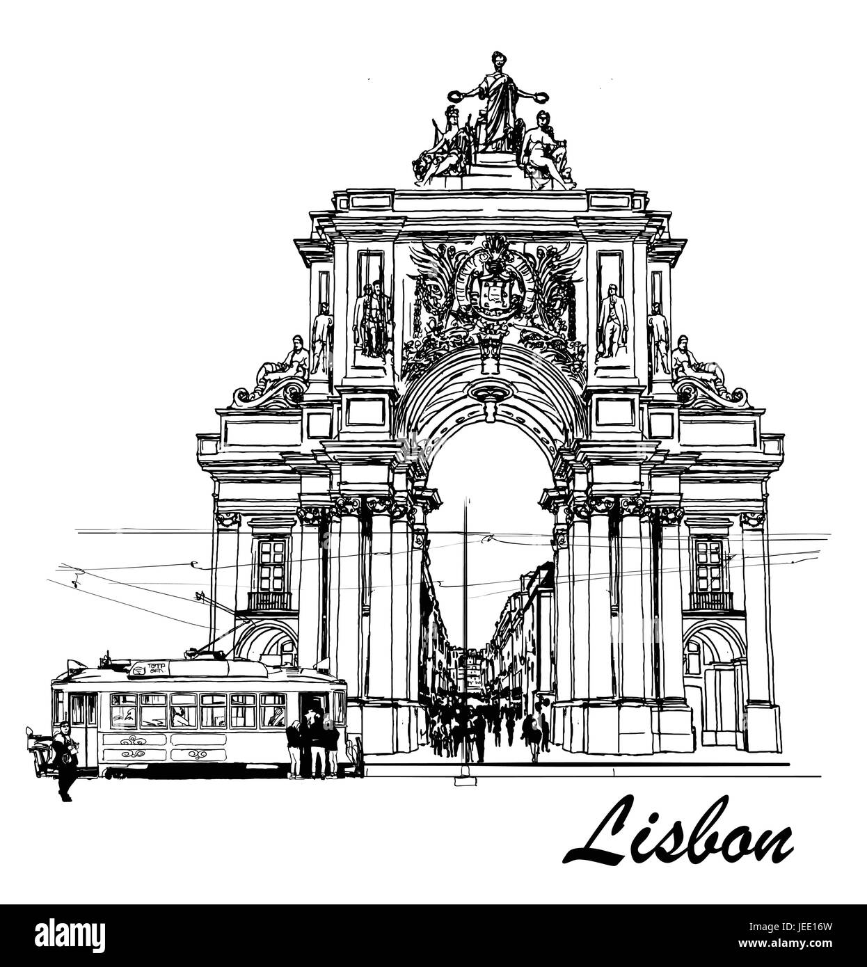 Commerce-Platz in Lissabon mit einer Straßenbahn - Vektor-illustration Stock Vektor