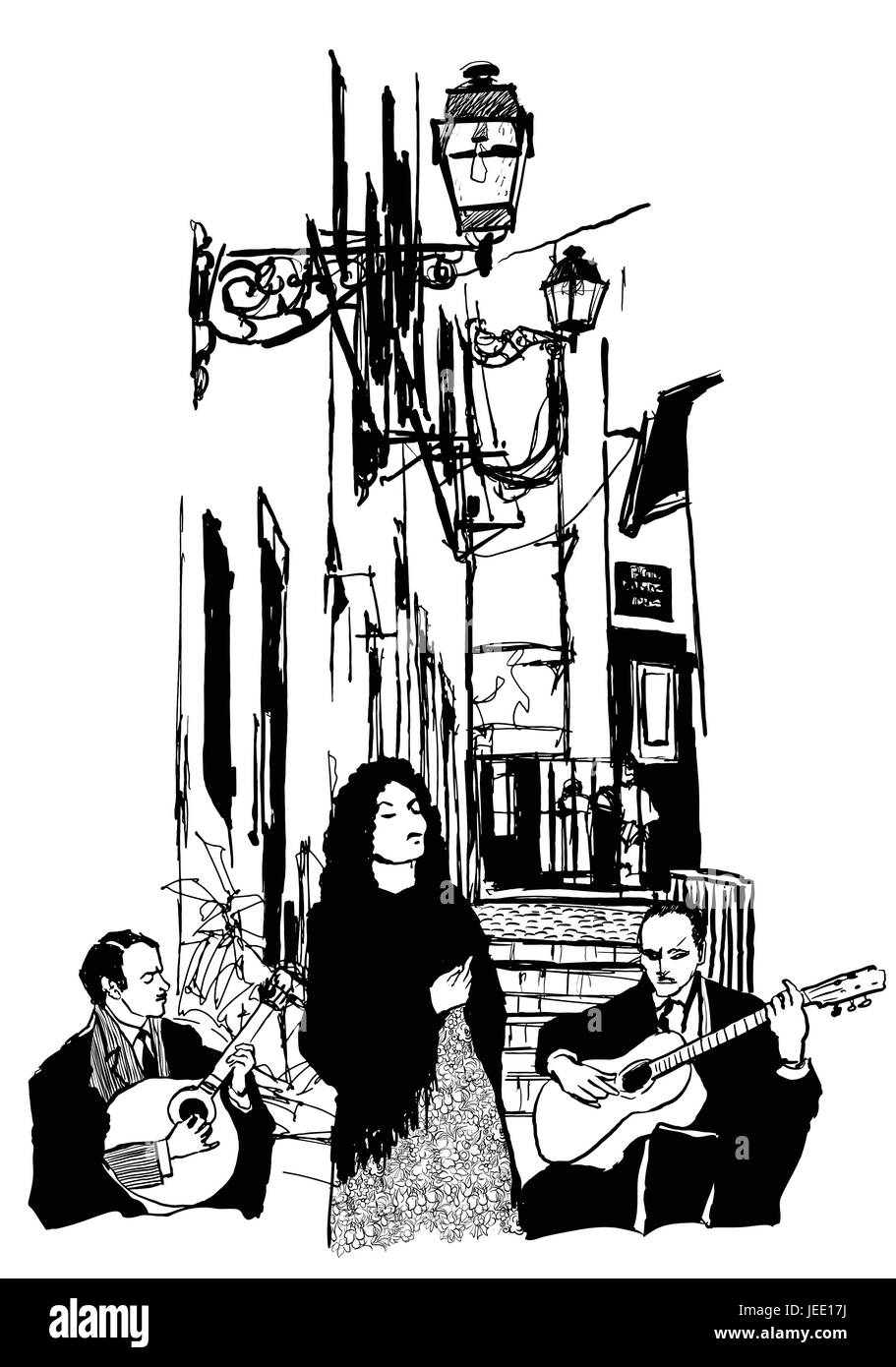 Fado-Sänger und Gitarristen in Alfama Lissabon - Vektor-illustration Stock Vektor