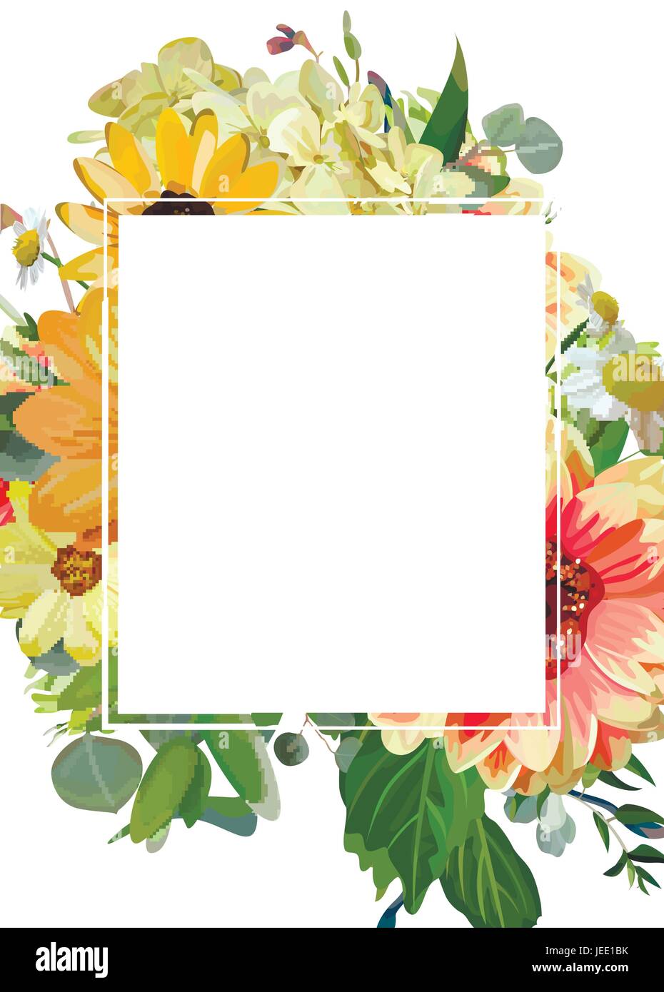 Vector Design vertikale Karte rechteckige Textfreiraum. Gelbe Sonnenblumen Hortensie Kosmos Blumen, Dahlie Daisy, Eukalyptus Blätter Blumenrahmen. Ele Stock Vektor