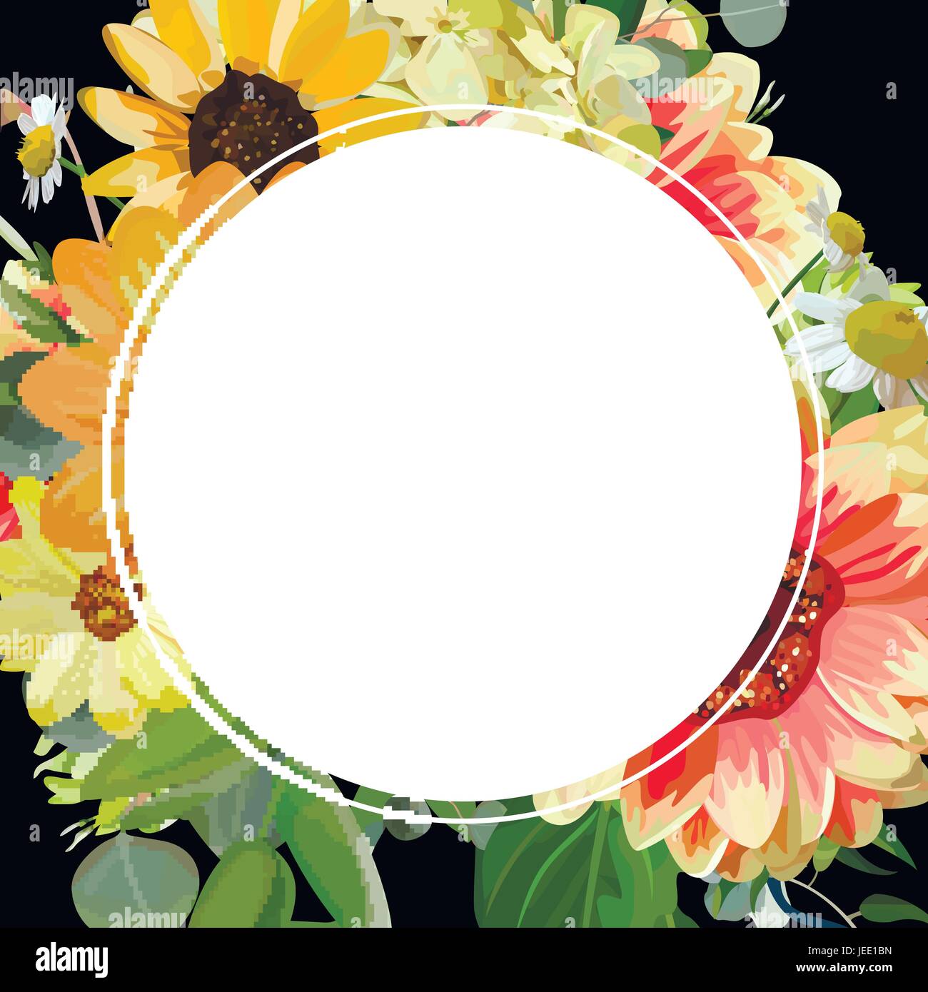 Vector Design quadratische Karte mit runden leere Kopie Raum. Gelbe Sonnenblumen, Kosmos Blume, Hortensie Blumen, Dahlie Eukalyptus, Zweig, Blätter. Zarte Stock Vektor