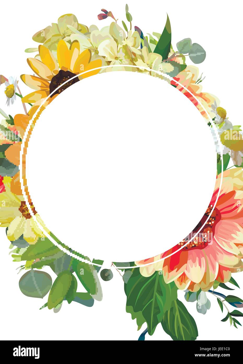 Design vertikale Runde Karten Blumenrahmen Text Vektorraum. Gelbe Sonnenblumen Hortensie Blumen, Dahlie Kamille Daisy Eukalyptus, grüne Zweige lassen Stock Vektor