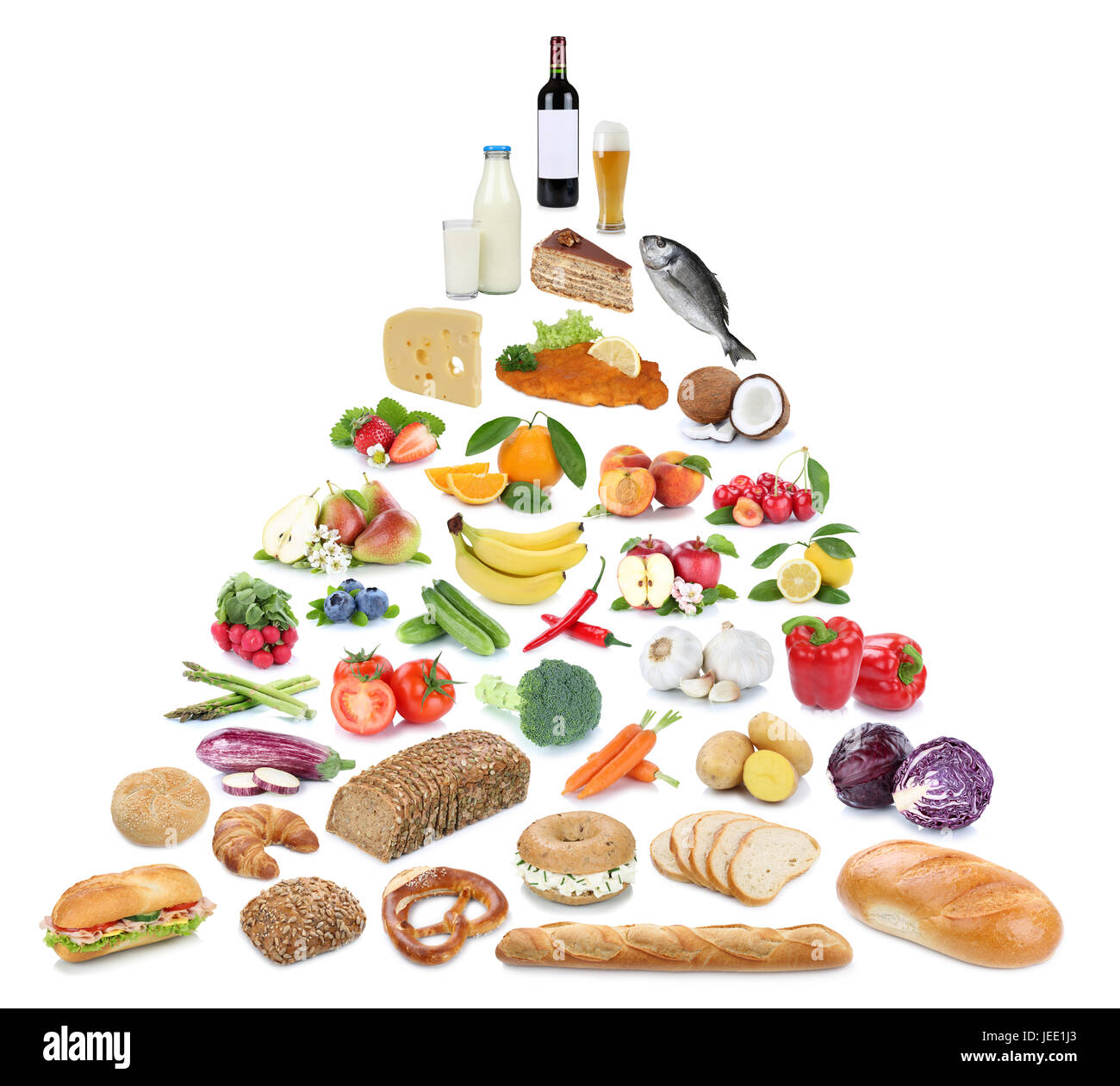 Lebensmittelpyramide gesund essen Obst und Gemüse Obst Sammlung isoliert auf weißem Hintergrund Stockfoto