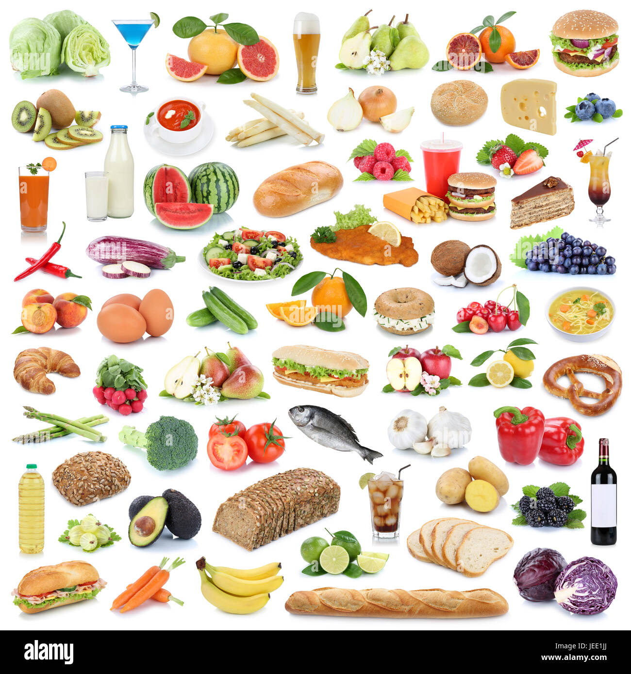 Essen Sammlung gesunde Essen Obst und Gemüse Obst Getränke isoliert auf weißem Hintergrund Stockfoto