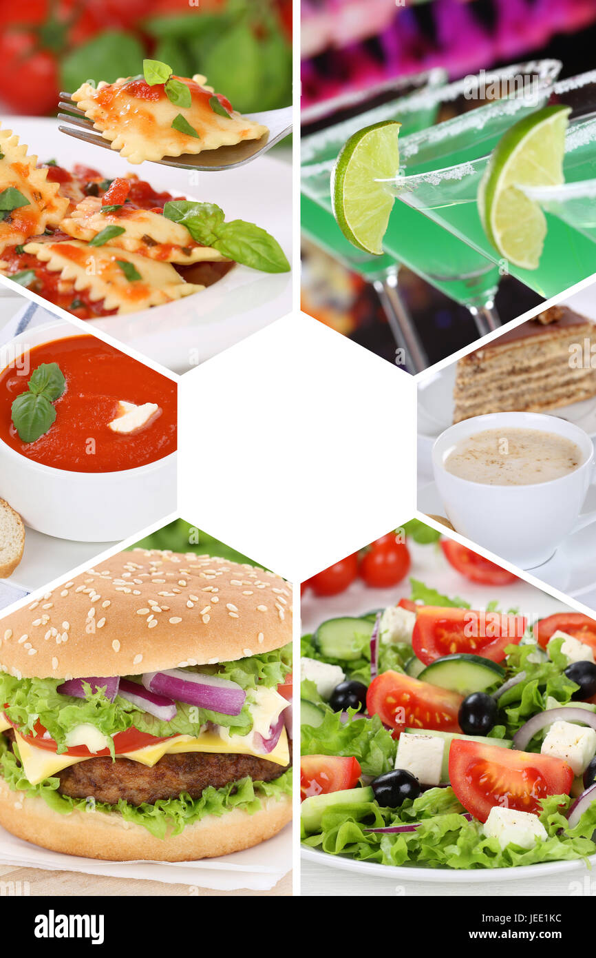 Essen und trinken Kollektion Collage Getränke Getränke Essen Speisen Restaurant Gruppe Menüset Stockfoto
