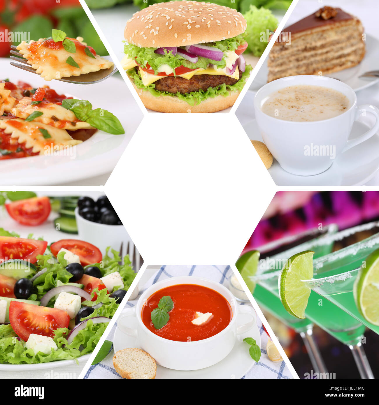 Essen und trinken Kollektion Collage Essen Getränke Essen Speisen Restaurant Menüset Stockfoto