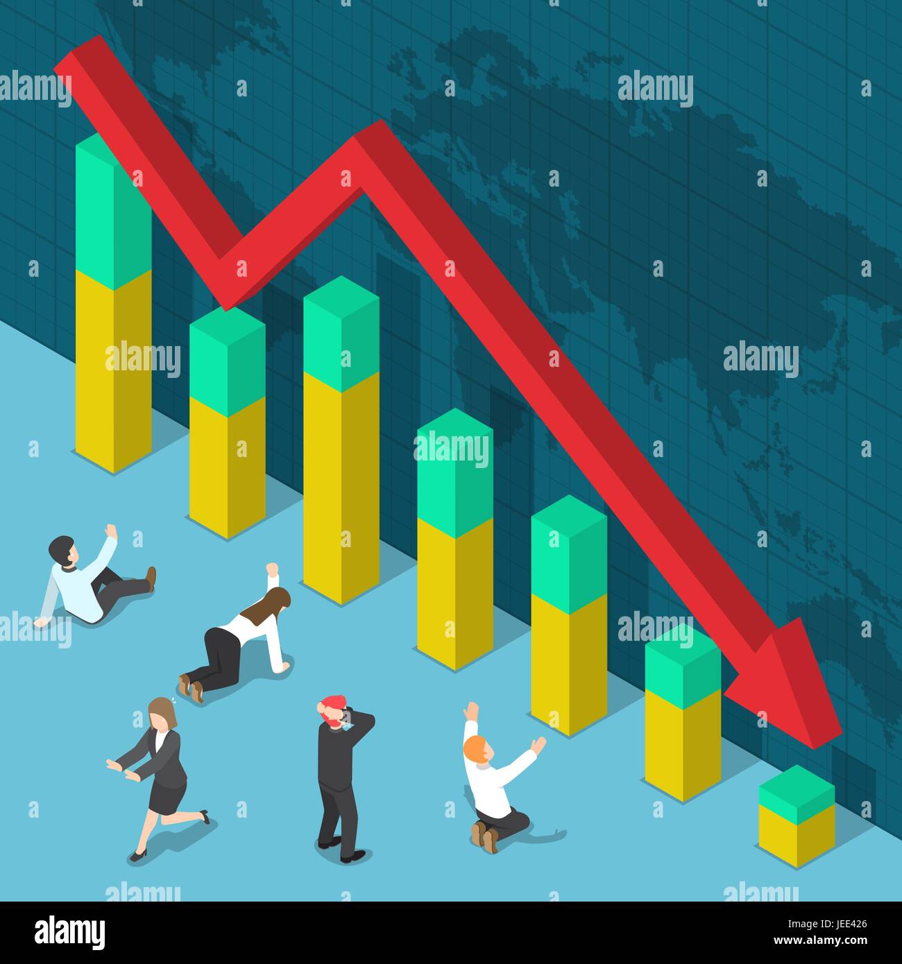 Geschäftsmann schockiert wenn Business Grafik Falling Down, Unternehmenskrise und Insolvenz-Konzept Stock Vektor