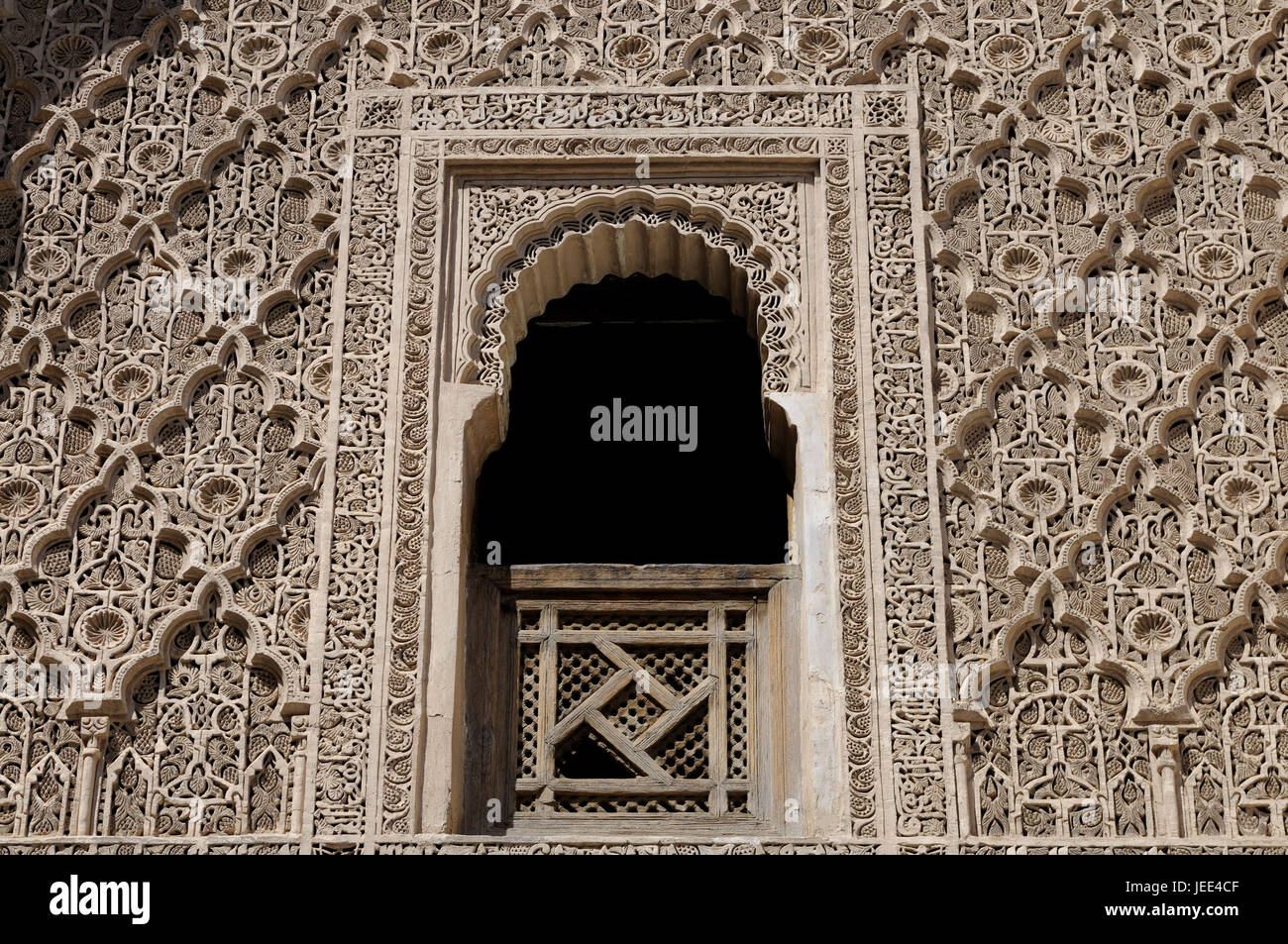 Fenster, schmückt, Medersa "Ali Ben Youssef", Marrakesch, Marokko, Afrika, Stockfoto