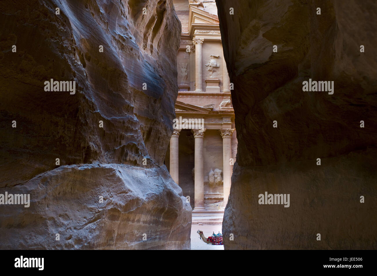 Anzeigen von Galle Riss in das Finanzministerium, Khazne al-Firaun, Kamel, Petra, Jordanien, Stockfoto