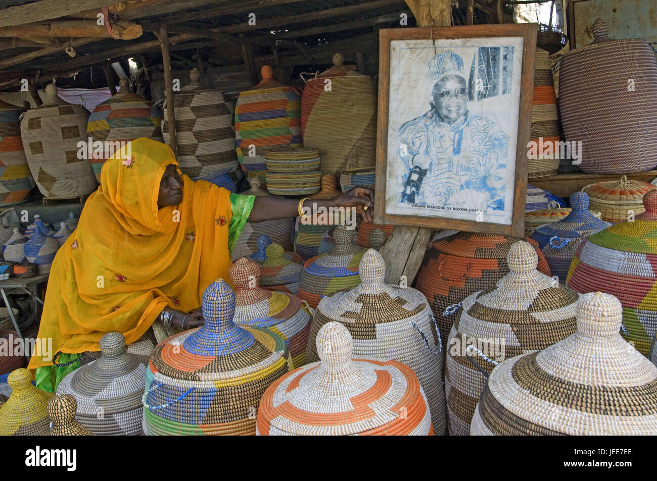 Händler, vorhanden, Foto, Marabout, Körbe, Verkaufsstand, Markt, Thies, Senegal, Stockfoto