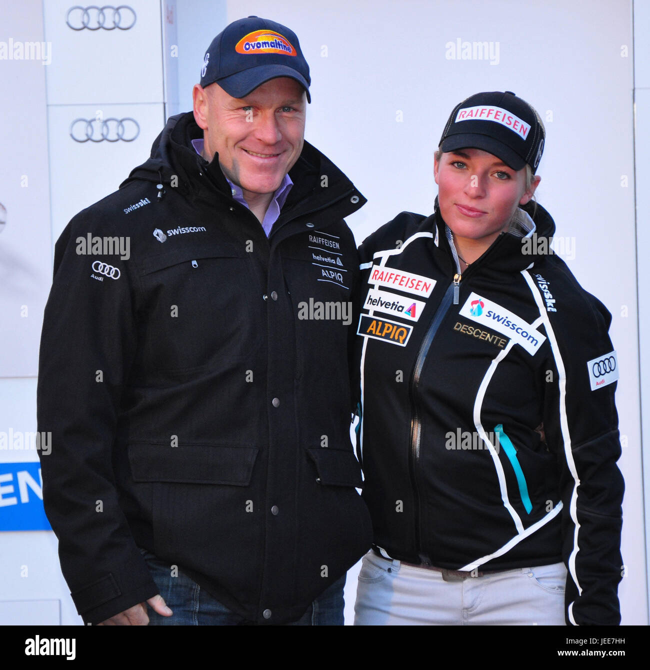Didier Cuche, Lara Gut, nebeneinander, halbe Porträt, kein Model-Release, Wintersport, Ski-Alpin, Schweiz, Ski racing Sport, Skifahren, Ski-Weltcup 2011 Stockfoto