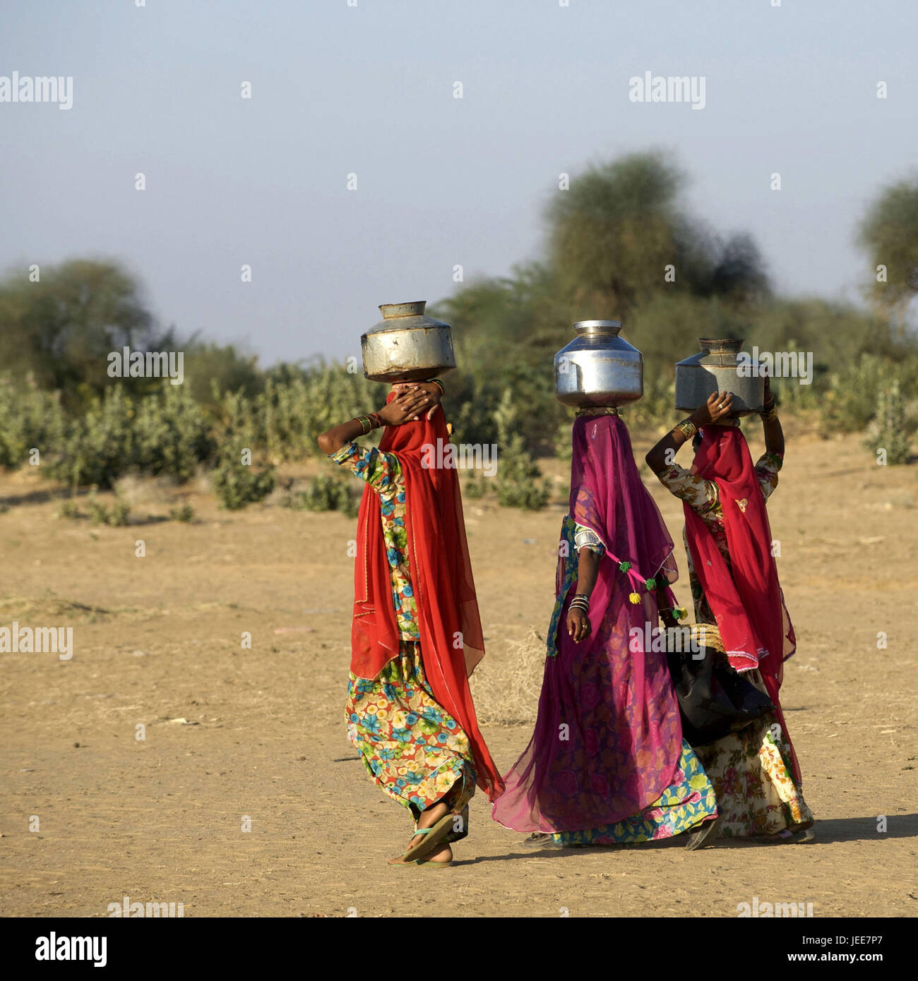 Indien, Rajasthan, Jaisalmer Region, Dorf Khuri, drei Frauen auf dem Weg zum Brunnen, Stockfoto