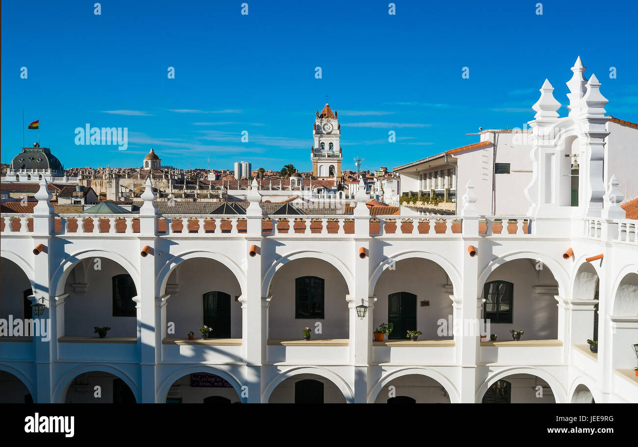 Luftaufnahme der Innenstadt von Sucre von Felipe Neri Kloster, Bolivien Stockfoto