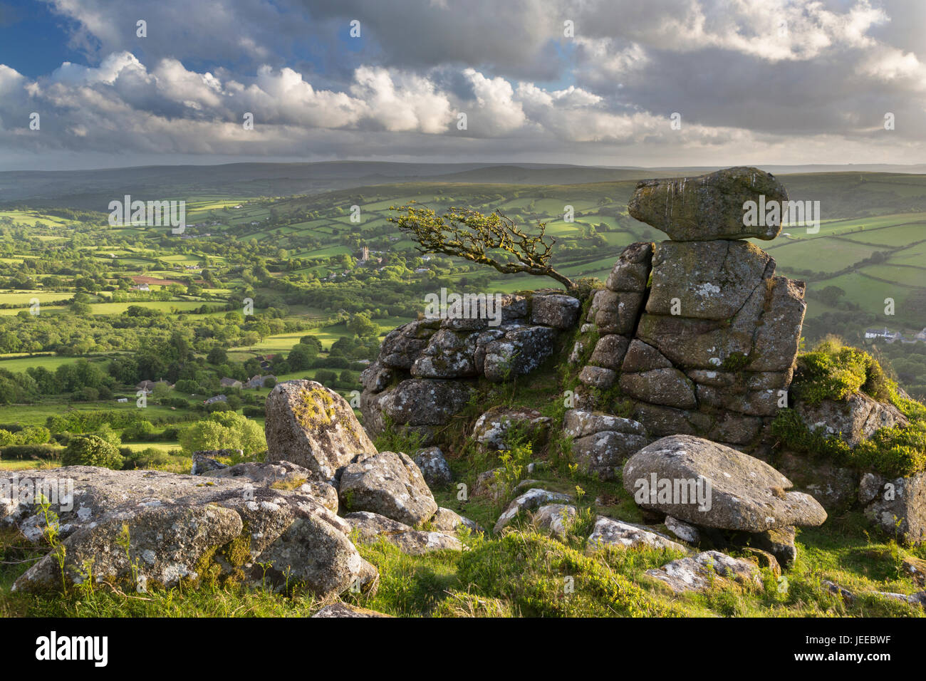 Blick vom Chinkwell Tor bis Widecombe-in-the-Moor im Dartmoor National Park, Devon Stockfoto