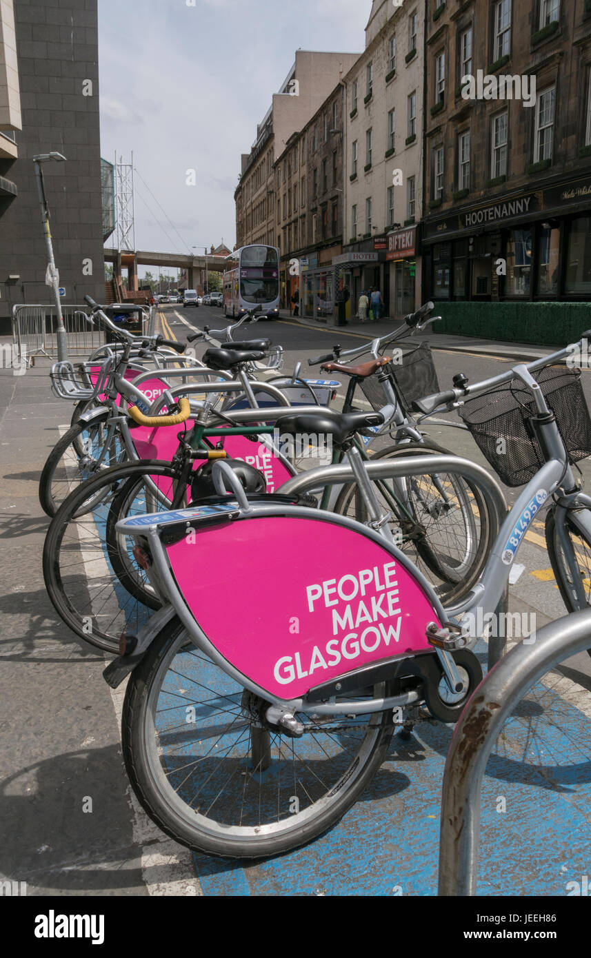 Fahrradverleih in Glasgow City Centre, Glasgow, Schottland, UK Stockfoto