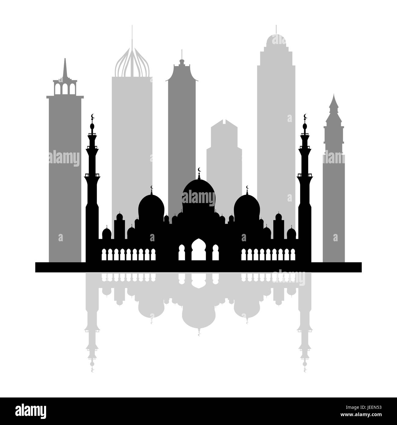 Vektor-Illustration der Vereinigten Arabischen Emirate Wolkenkratzer Silhouette. Dubai und Abu Dhabi Gebäude. Design für Banner, Poster oder Druck. Stock Vektor