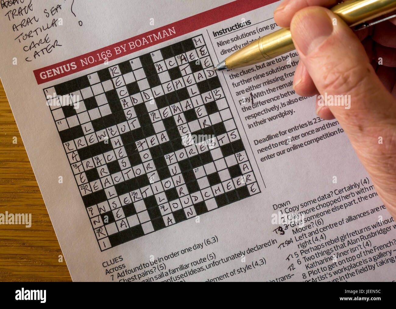 Lösung komplizierter Kreuzworträtsel in der Zeitung The Guardian als "Genius von Crossword setter Nom de plume Boatman, mit der Hand des Menschen, der die Feder Stockfoto