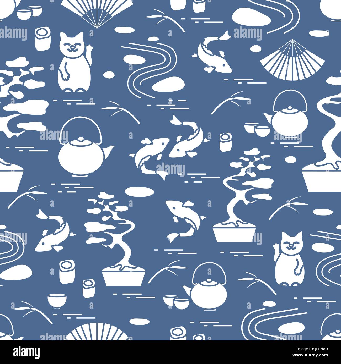 Cute Vector pattern mit Bonsai, minimale Rock Garden, japanische Glückskatze Maneki Neko, Karpfen Koi und andere. Reisen und Freizeit. Stock Vektor