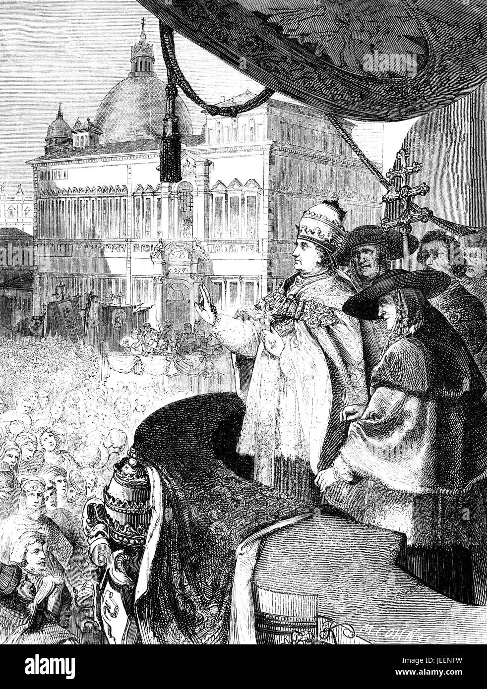 Der neue Papst auf den Balkon, um die Bewunderung des Publikums entstehen Stockfoto