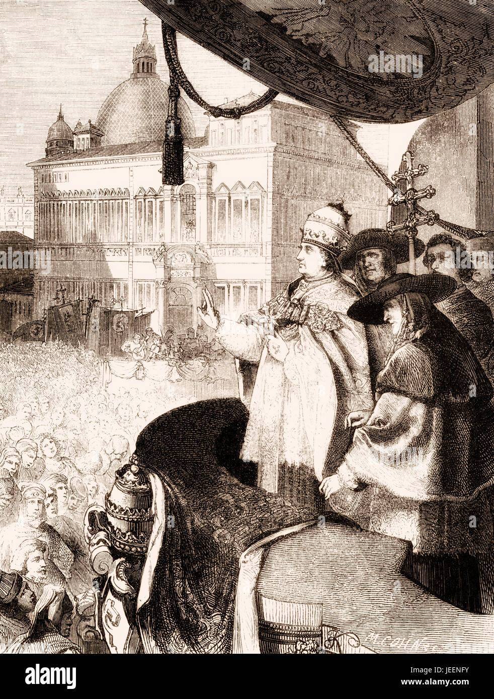 Der neue Papst auf den Balkon, um die Bewunderung des Publikums entstehen Stockfoto