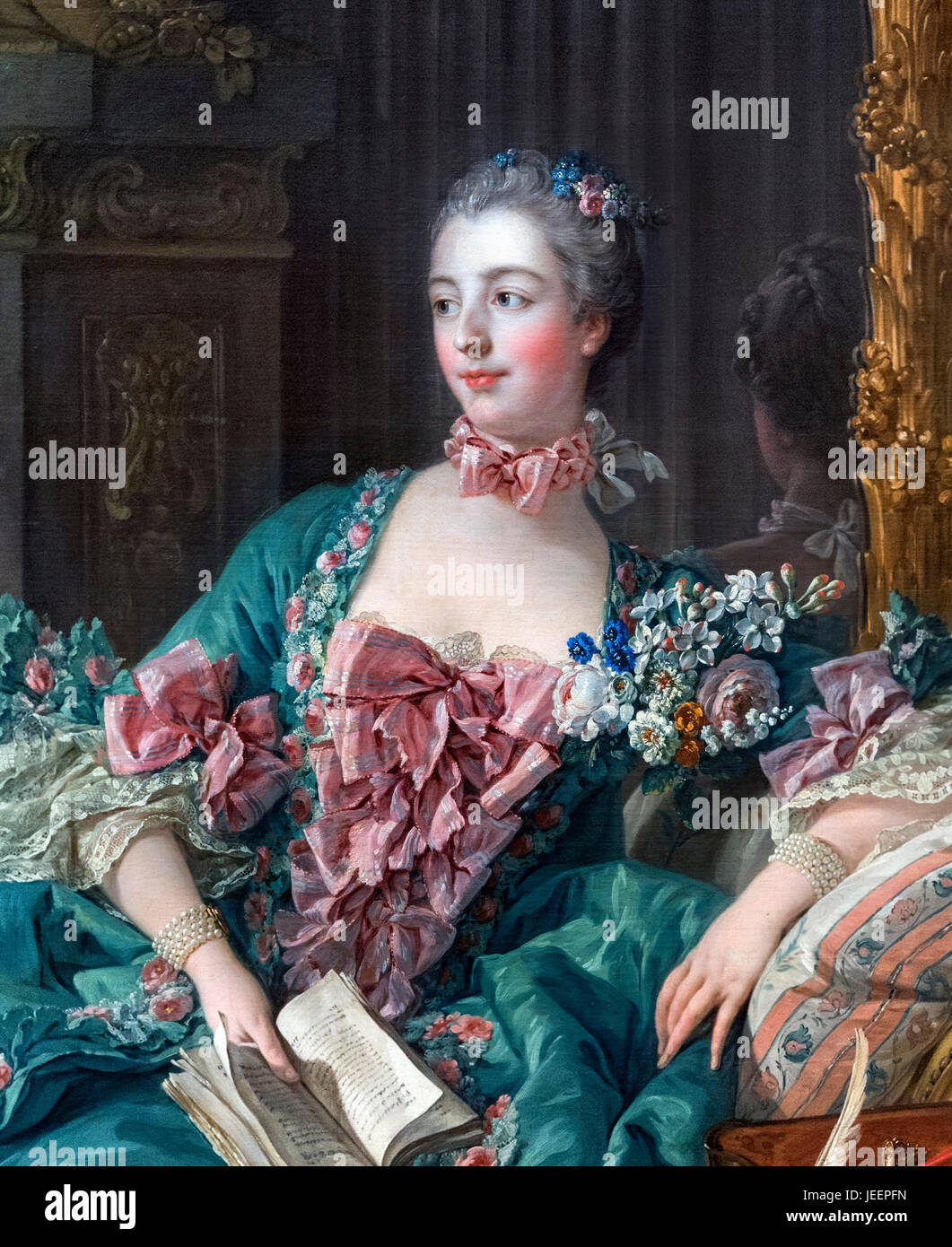 Madame de Pompadour. Porträt des Jeanne Antoinette Poisson, Marquise de Pompadour (1721-1764) von Francois Boucher, Öl auf Leinwand, 1756. Madame de Pompadour war ein Mitglied des französischen Hofes und die offiziellen Chef Herrin von Louis XV von 1745 bis 1751. Stockfoto
