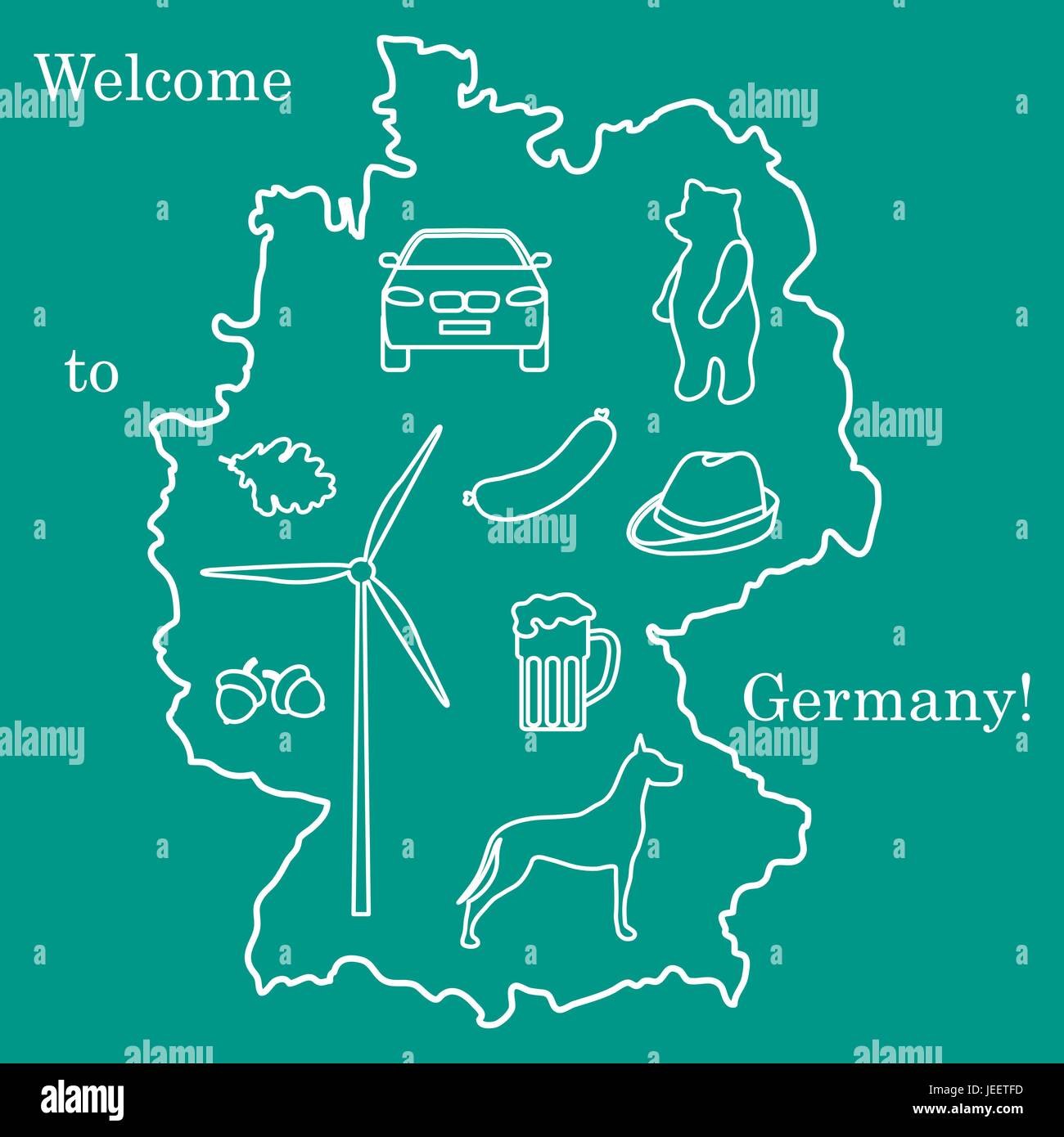 Vector Illustration mit verschiedenen Symbolen in Deutschland. Reisen und Freizeit. Design für Banner, Poster oder Drucken. Stock Vektor