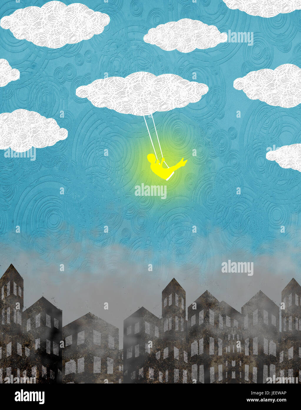 Baby auf der Schaukel mit Wolken und Stadt digitale illustration Stockfoto
