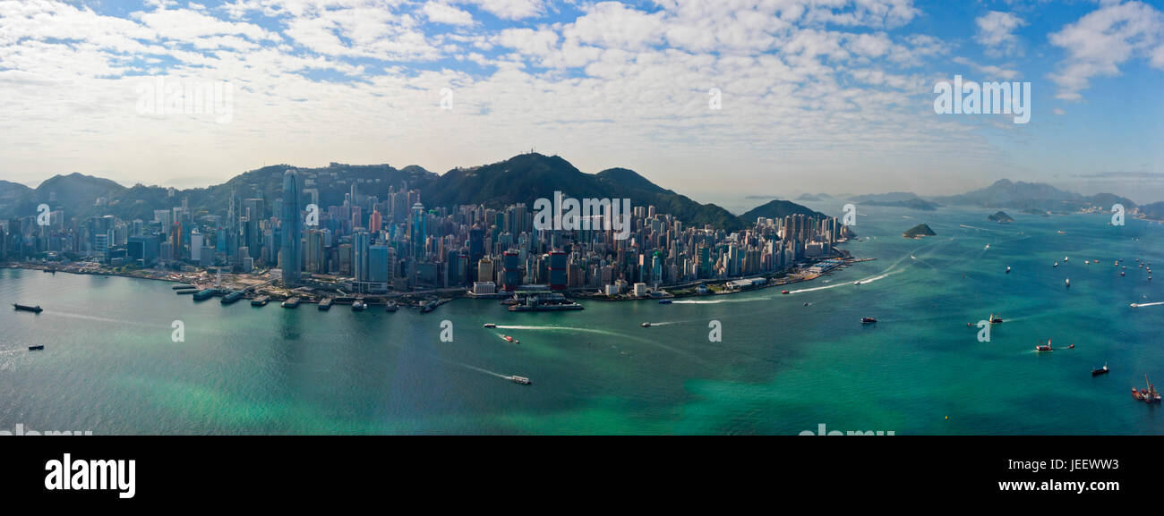 Horizontale aerial Panorama Stadtbild von Hong Kong, China. Stockfoto