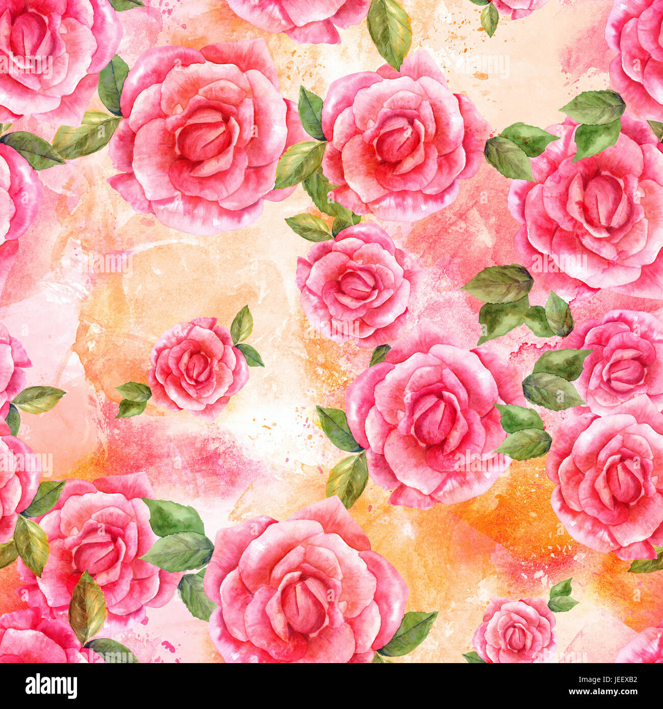 Ein nahtloses Muster mit einer Aquarell Zeichnung von einer blühenden rose, Hand auf einem abstrakten Hintergrund von rosa und orange Pinselstriche im Stil gemalt Stockfoto