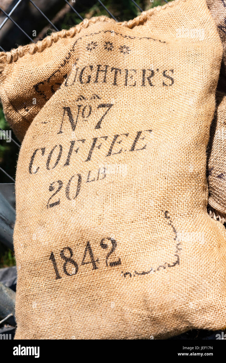 Sack mit Markierungen, 'No 7 Kaffee, 20 lbs, 1842'. Stockfoto