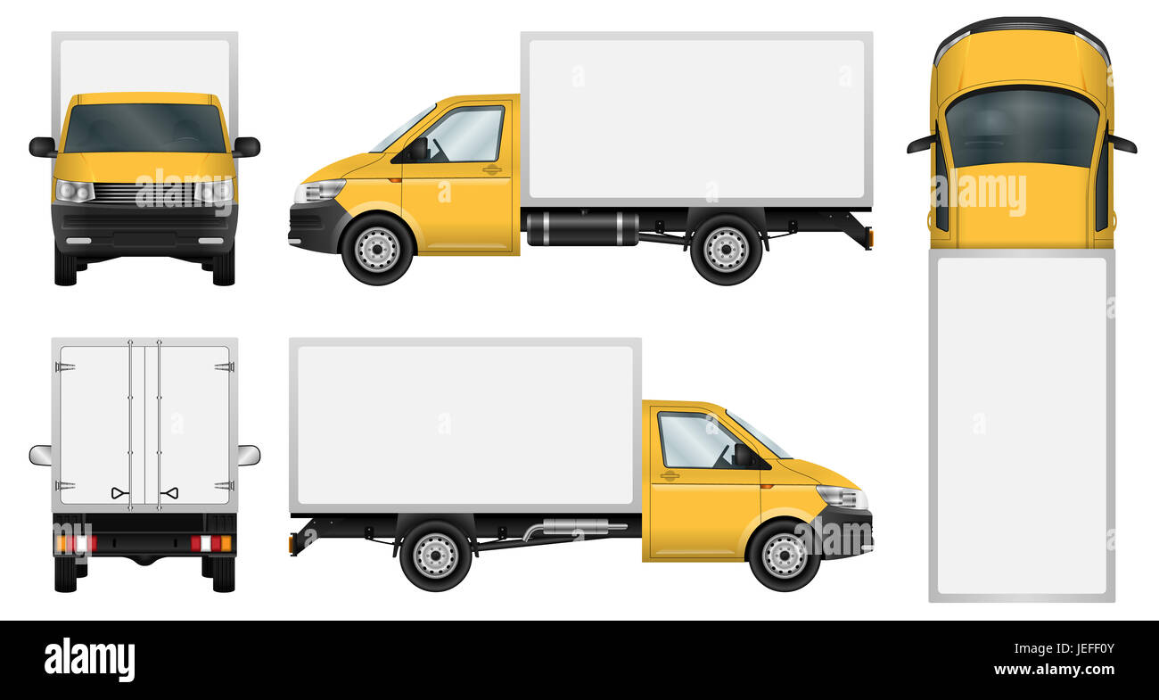 Gelbe Lieferung van Vorlage. Mini-Truck auf weißem Hintergrund isoliert. Stockfoto