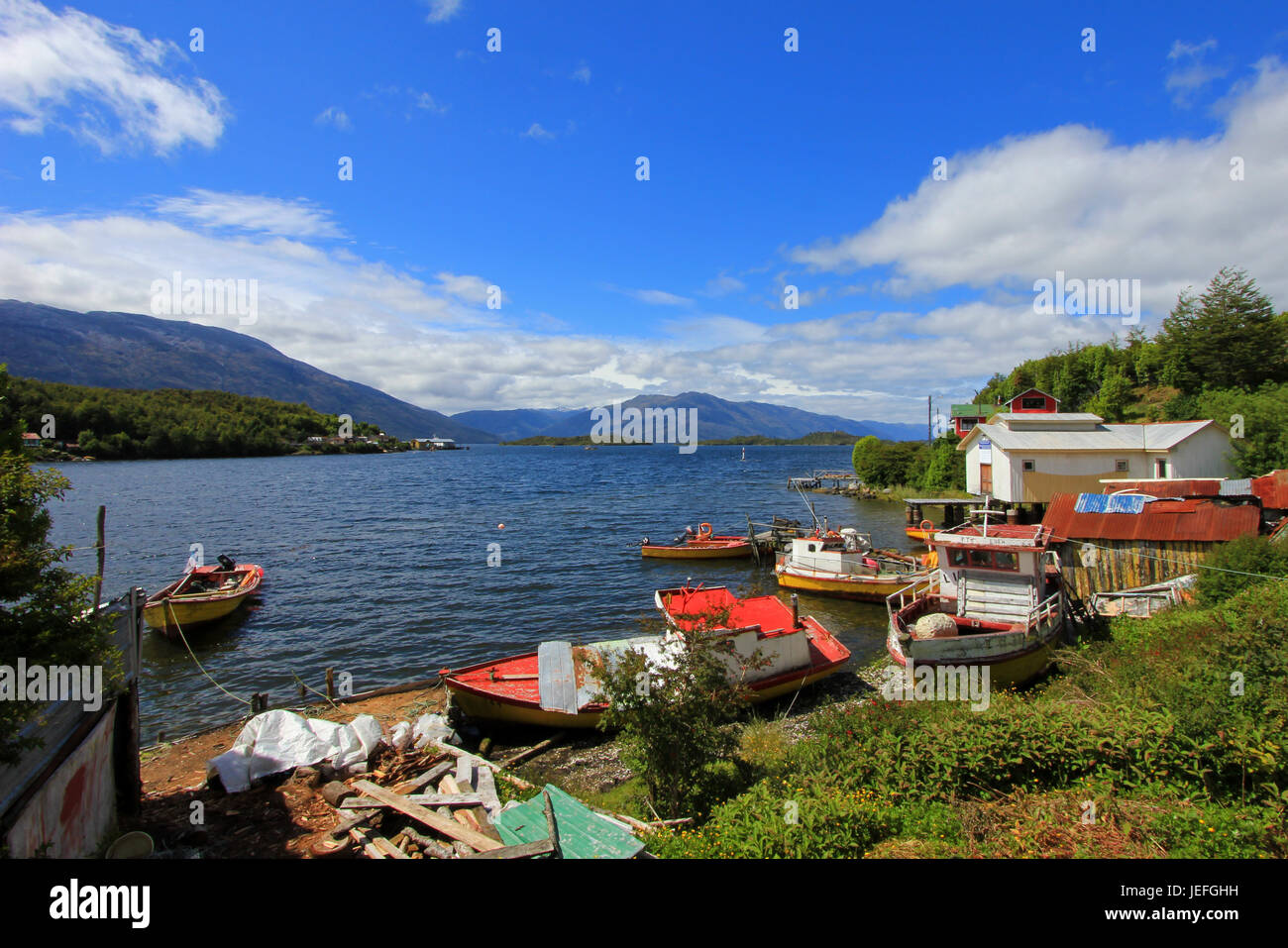 Die isolierten Puerto Eden in Wellington Inseln, Fjorden des südlichen Chile, Provinz Ultima Esparanza Stockfoto